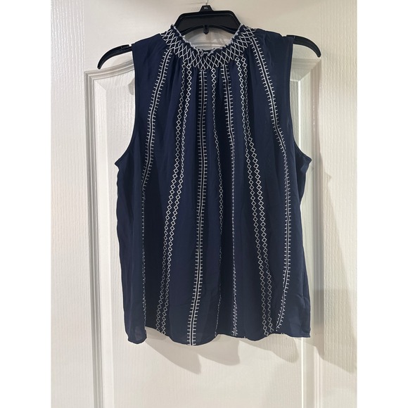 White House Black Market Tops - White House Black Market Navy Blue Contrast Stitch Smocked Top  Sz 12 NWT